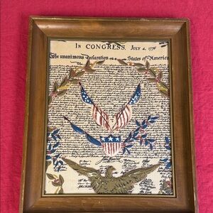 Vintage Mid Century Fabric Declaration of Independence Framed with glass